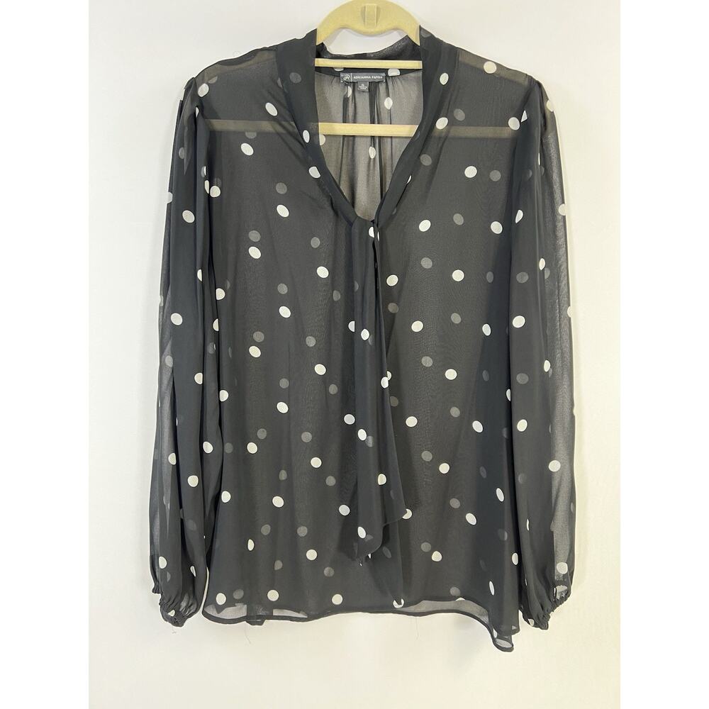 Adrianna Papell Polka Dot Sheer Blouse Sz XL Black White Balloon Sleeve